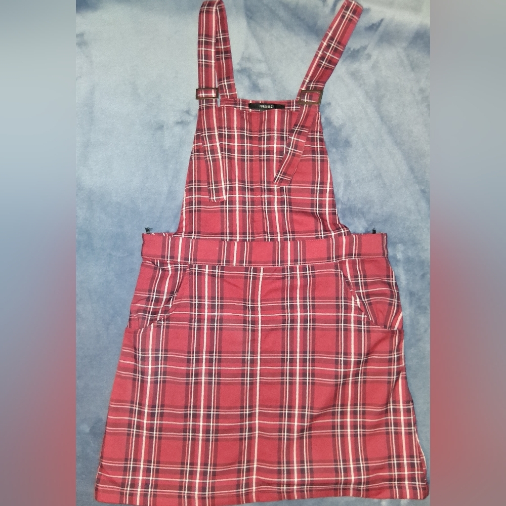 Forever 21 Red Plaid Coverall Mini Dress with Buckle Straps Preppy